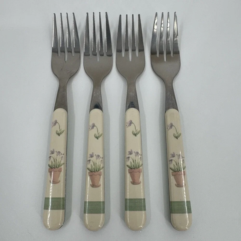 4 Pfaltzgraff‎ Flower Garden Salad Forks Plastic/Stainless